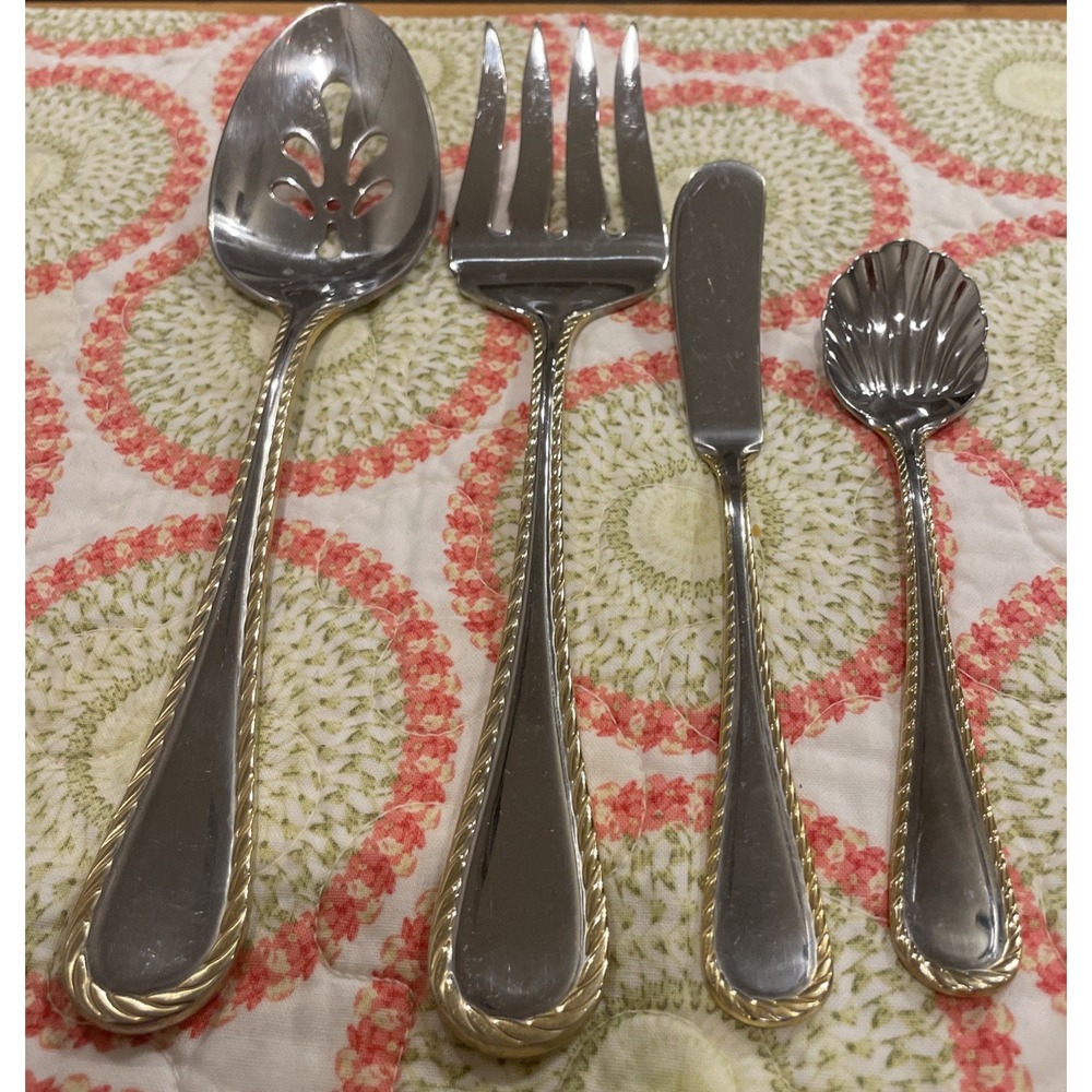 Oneida Golden Belmont Stainless Rope Edge Gold Serving Piece Fork Spoon Set Of 4